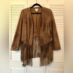 Chico's women Western rodeo Suede brown Fringe open front Jacket size 1 (M/8)